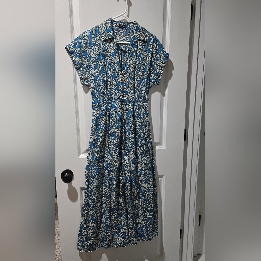 ZARA PRINTED DRESS ECRU BLUE SMALL